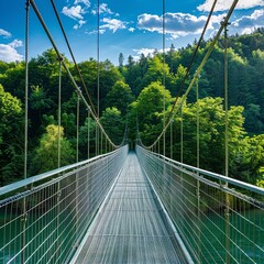 Obraz premium Green woodland and beautiful sky over a river on a suspension bridge, Generative AI.