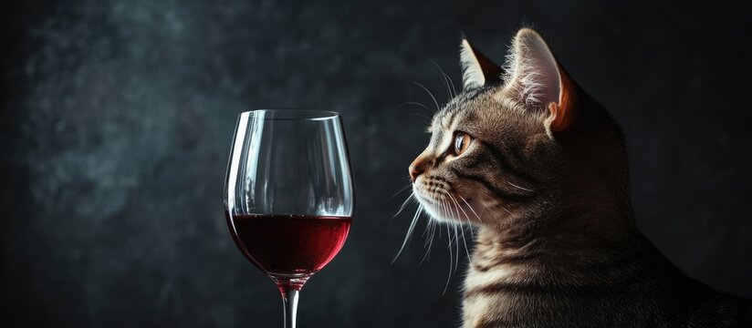 Tabby cat looking at a glass of red wine against a dark textured background.