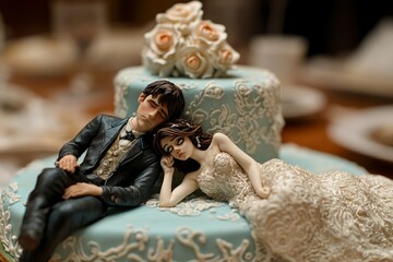 Naklejka premium Funny wedding cake toppers, bride and groom, are resting on a delicious cake, adding a touch of humor to the celebration