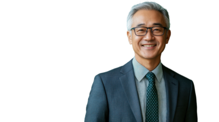 Smiling senior businessman wearing suit and tie on transparent background