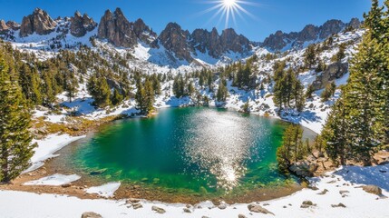 Breathtaking Sparkling Alpine Lake Surrounded by Snowy Mountains Tranquil Nature Scene High Altitude Bliss