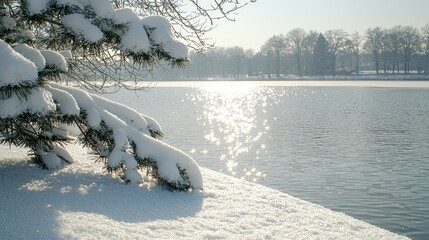 Snow-Covered Winter Lake Sparkles Under Sunlight Serene Nature Scene Tranquil Environment Winter Wonderland