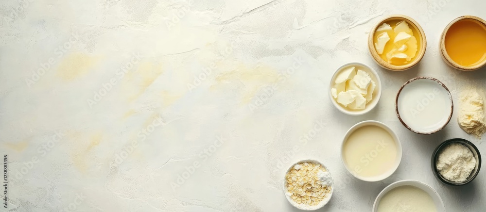 Poster assorted dairy products in bowls on light textured background with copy space