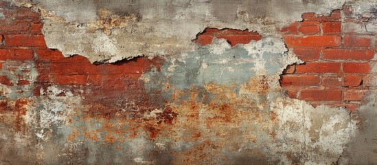 Obraz premium Aged brick wall with peeling plaster and weathered texture