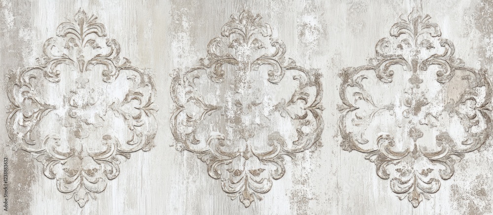 Poster vintage floral damask pattern with distressed texture and symmetrical design elements