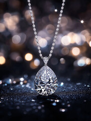 Pear Shaped Diamond Pendant: Dazzling pear-shaped diamond pendant necklace set against a dark shimmering background,  a captivating display of luxury and refinement.