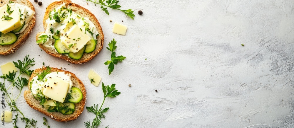 Poster healthy open sandwiches with avocado cucumber parsley and cheese on rustic background with copy spac