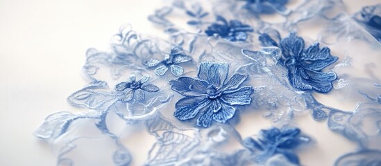 Delicate Blue Floral Lace Fabric with Intricate Embroidery Design