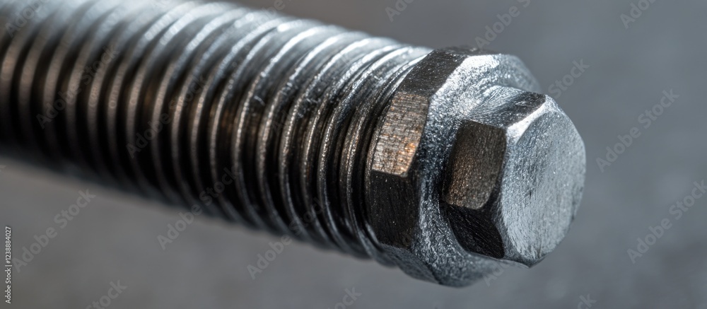 Poster close-up of metal bolt with hexagonal nut showing detailed threading on grey background