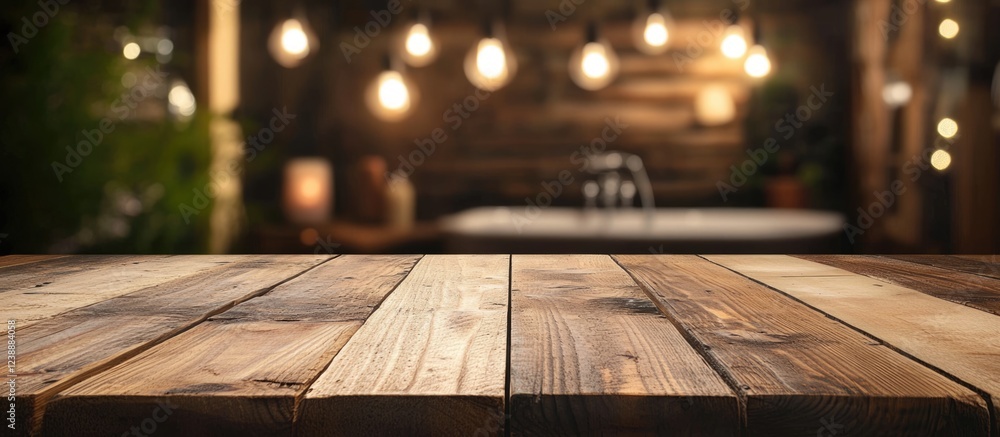 Aufkleber rustic wooden table with blurred warm lights background and bokeh effect