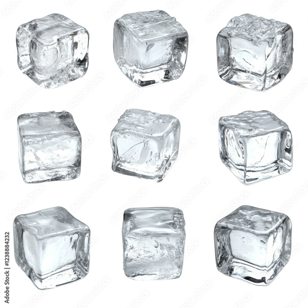 Poster the image shows nine clear ice cubes from various angles against a black backdrop.