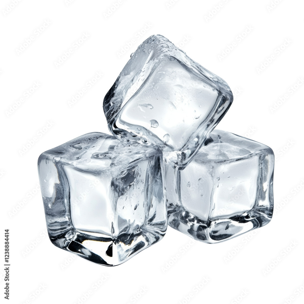Poster the image shows three wet ice cubes clustered together against a black background, showcasing their 