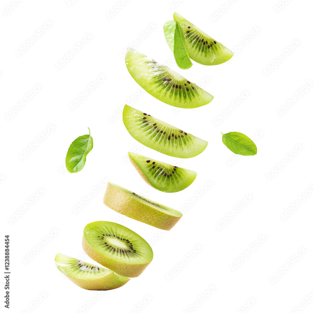Poster A visually appealing image showcasing several slices of kiwi fruit falling against a black background along with some leaves.