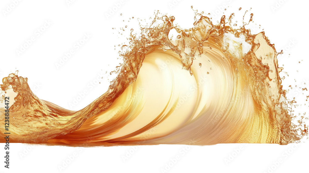 Poster a dynamic image depicting a wave of amber liquid splashing against a black background showing its te