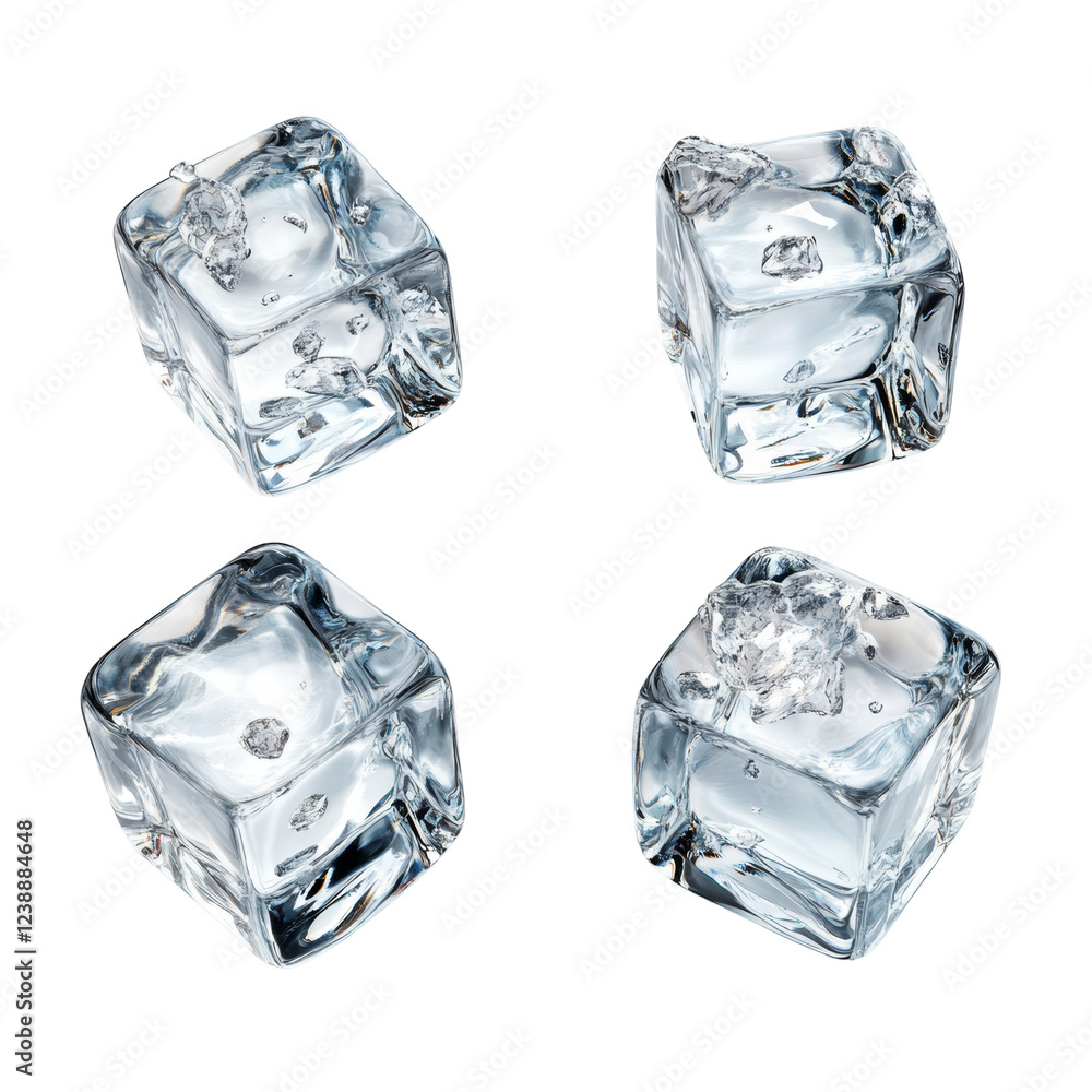 Poster the image shows four translucent ice cubes with trapped air bubbles against a black backdrop.
