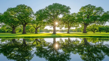 Majestic Oaks Reflecting in Calm Waters at Sunrise Nature Photography Tranquil Landscape Peaceful Environment
