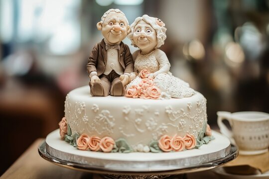 Delicious wedding cake decorated with edible figurines of senior couple holding hands, celebrating long-lasting love and commitment - Powered by Adobe