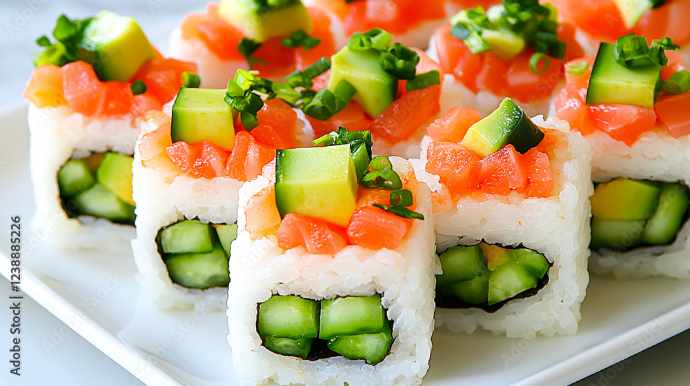 Poster fresh sushi rolls with cucumber and salmon served on a white platter at a dining table