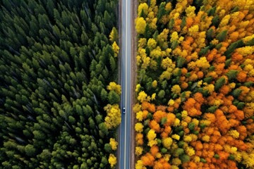 Aerial view of a car driving on a scenic road that divides an evergreen forest and an autumnal forest