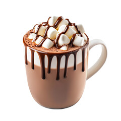 Hot chocolate with marshmallows and chocolate drizzle.