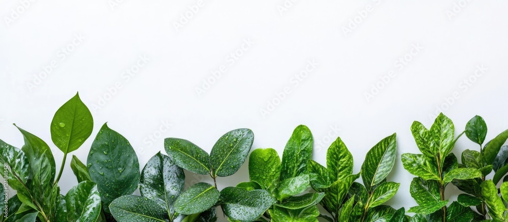 Poster green leaves on white background with top view and copy space for text placement.