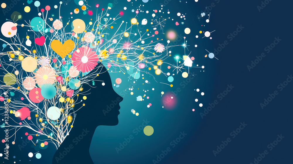Poster Creative expressions of thoughts and ideas portrayed through an artistic silhouette of a woman’s profile with colorful elements