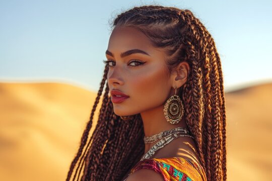 Young stylish woman posing in desert landscape wearing ethnic dress and jewelry