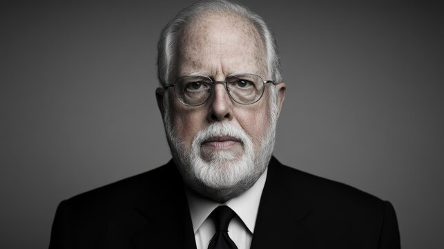 A dignified elderly man with a white beard and glasses in formal attire exudes wisdom and experience against a neutral background.