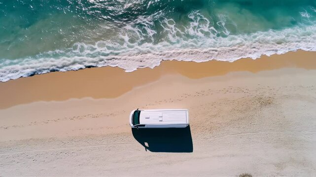 Aerial view of van walking along a beach near the ocean, nomadic lifestyle.
