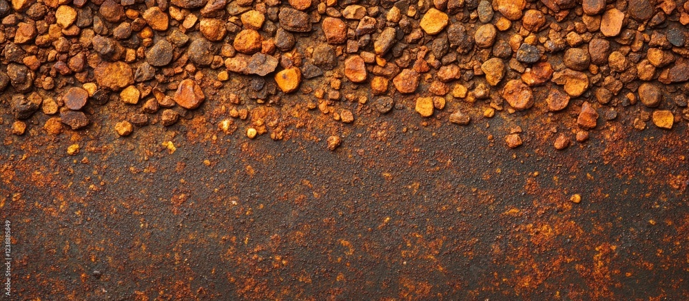 Poster rusty metal surface with weathered pebbles and copy space for text