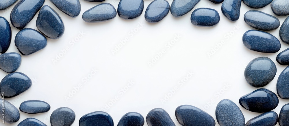 Poster rounded smooth blue pebbles arranged in border on white background copy space.