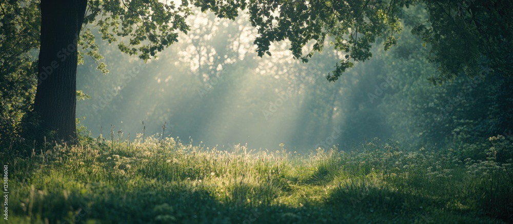 Aufkleber sunlight filtering through trees in lush green forest with grass and mist