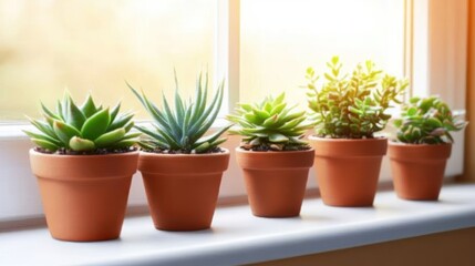 Succulents in terracotta pots sit on a windowsill
