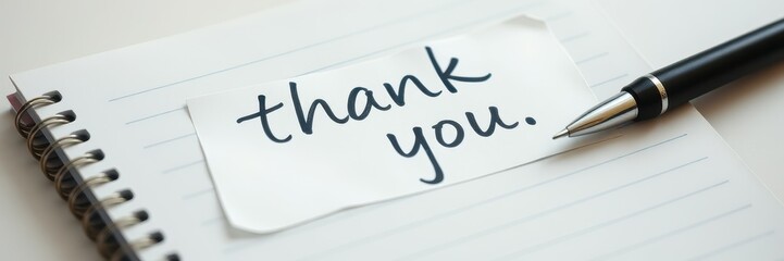 Note with a thank you message placed on a blank notebook next to a pen, showcasing appreciation and gratitude in a simple setting