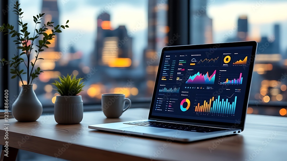 Aufkleber laptop displaying financial graphs on a desk in a modern office environment. 3d rendering