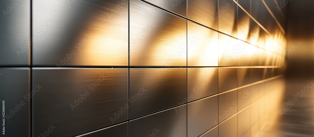 Aufkleber abstract view of illuminated metallic wall tiles with reflective surface and perspective depth