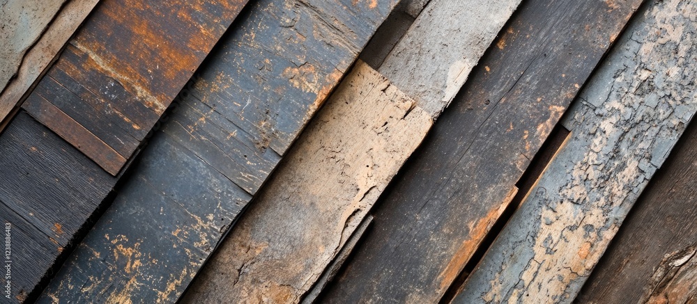 Poster rustic weathered metal sheets with varying textures and shades placed in parallel formation