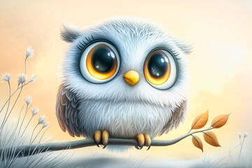 Obraz premium Cute fluffy owl with big eyes watercolor art for nursery and children's decor