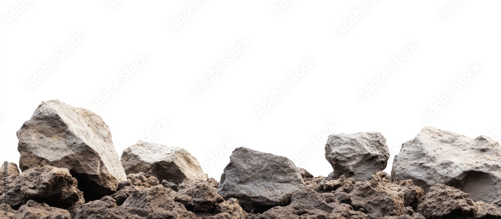 Poster row of large rocks and soil with white background and copy space