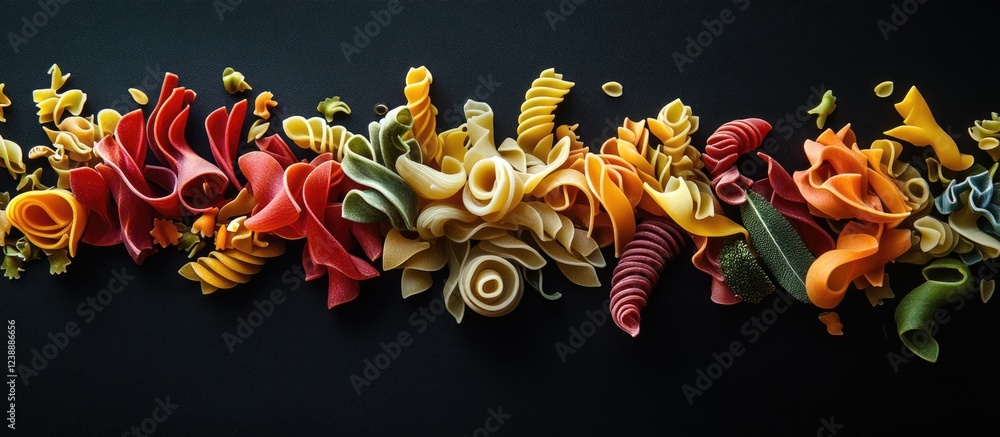 Poster assorted colorful pasta varieties arranged on dark background with copy space