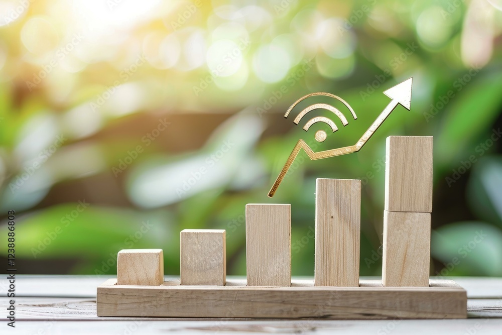 Poster wooden blocks with a wifi signal and an upward arrow representing the growth of internet usage