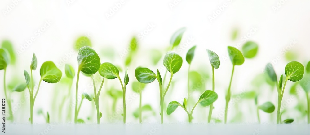 Poster young green seedlings against a soft blurred background with ample copy space for text placement.