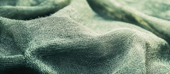 Close-up of green linen fabric texture with light and shadow play