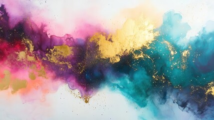Fototapeta premium ethereal cosmic nebula watercolor explosion, with swirling galaxies of turquoise, magenta, and gold, floating in dreamlike atmospheric haze