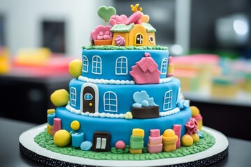 Three-tiered blue birthday cake features charming miniature houses and colorful toys, creating a whimsical and festive centerpiece