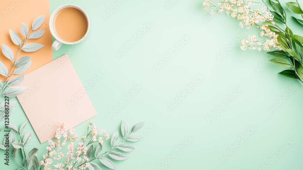 Poster coffee cup and flowers on a mint green background with an empty note card for personalization