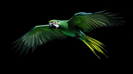 A parrot flying against  black background.