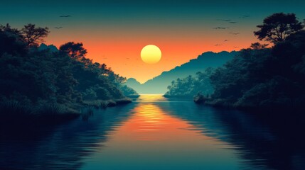 Serene Tropical River Sunset Landscape