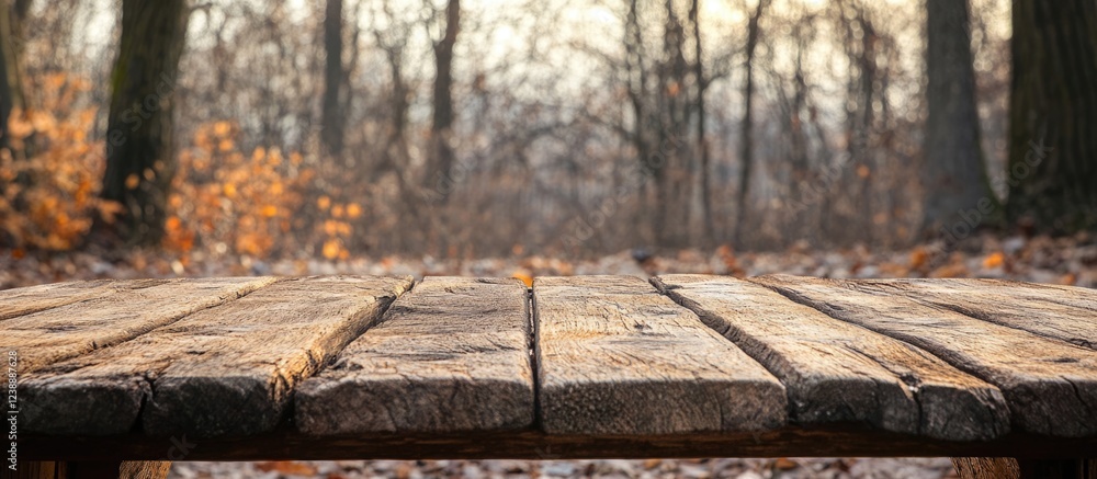 Poster empty wooden table in autumn forest with trees in background and copy space