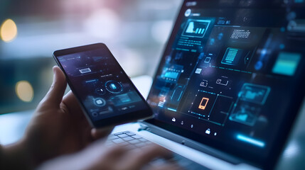 of a server room with a digital overlay of mobile device management data and network connections 